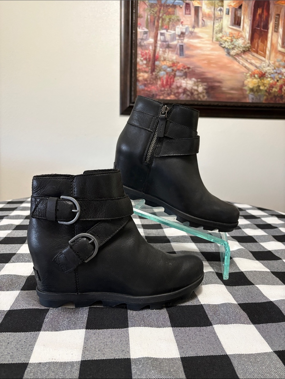 Sorel Joan of Arctic Wedge II Boots Black Leather NL3360-010 Buckle Women Size 9